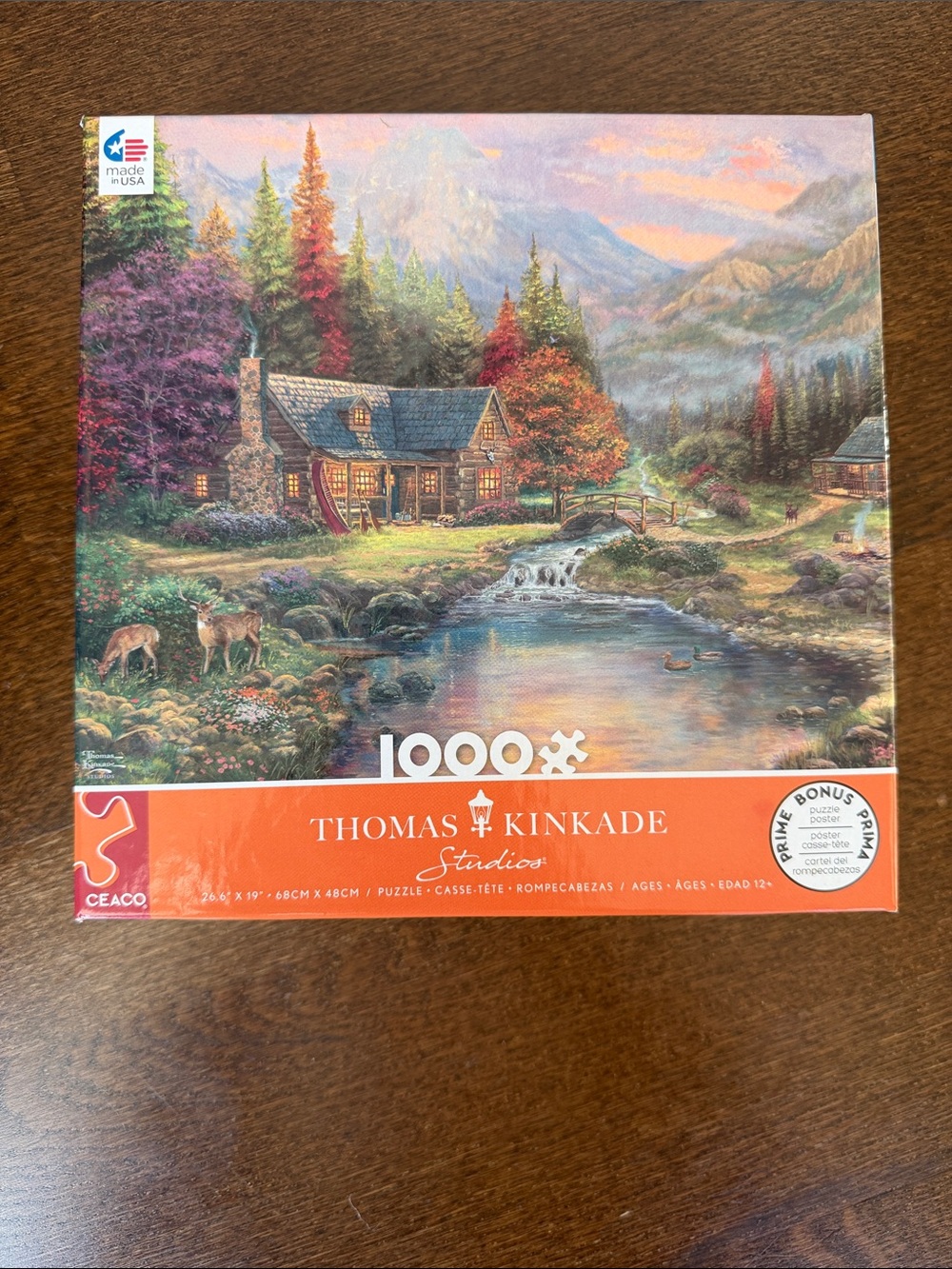 Thomas Kinkade Cozy Cabin by Stream Puzzle - blue, green, red, purple, orange